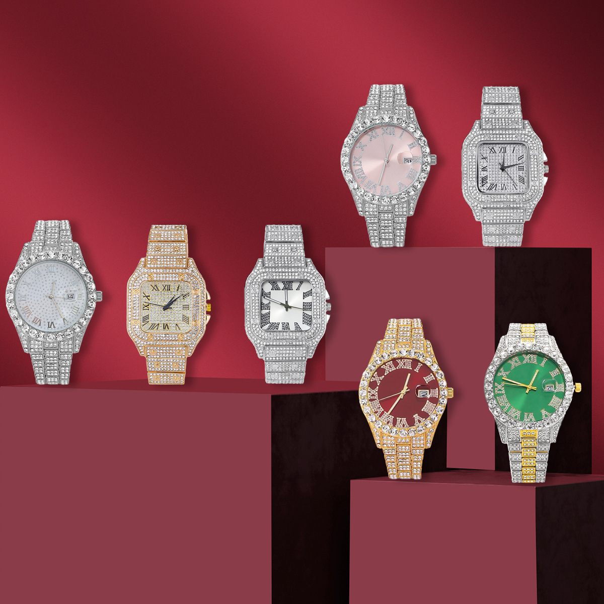 Smartwatch Premium Watches For Men - Men 7‑Pcs Watch Iced‑Out Rhinestone Quartz